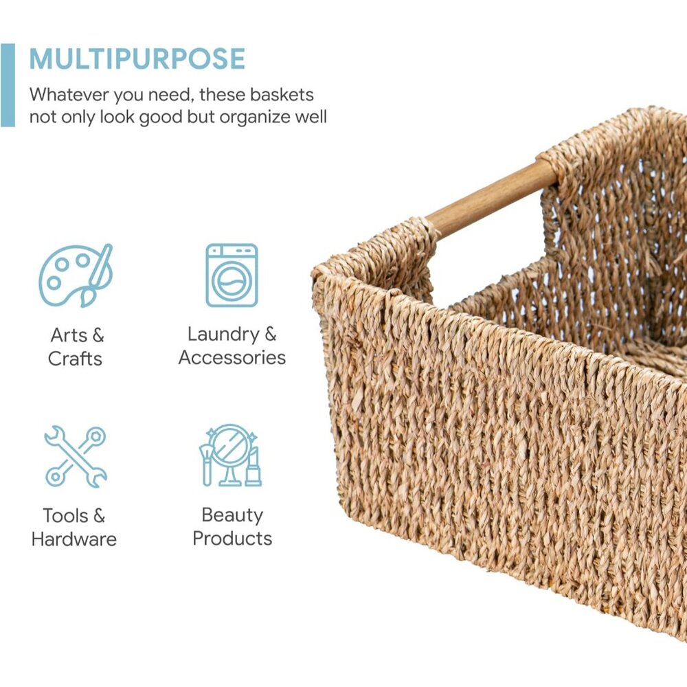 Large Natural Wicker Basket Rectangular with Wooden Handles, Seagrass Storage fo - Picture 4 of 9
